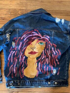 O & O Denim Wear Distressed Custom Hand Painted Denim Jacket- Size L